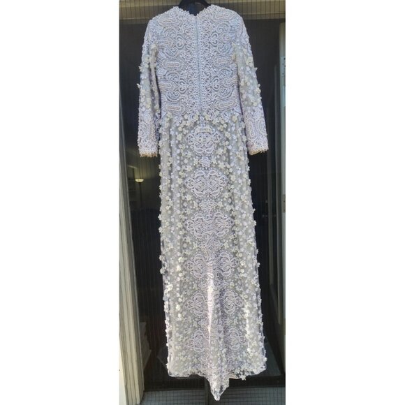 Gemy Maalouf Lace Evening Gown Light Grey Embroidered Long Sleeve Slit Front 12 - Picture 5 of 16